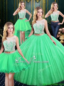 Trendy Spring Green Sleeveless Tulle and Sequined Lace Up Quinceanera Dresses forMilitary Ball and Sweet 16 and Quinceanera