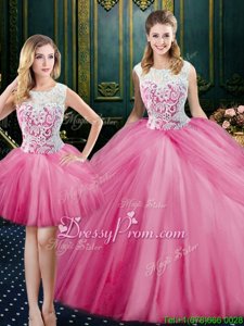 Beautiful Ball Gowns Ball Gown Prom Dress Watermelon Red Scoop Satin and Tulle Sleeveless Floor Length Lace Up