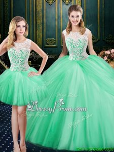 Hot Sale Lace and Pick Ups 15 Quinceanera Dress Apple Green Lace Up Sleeveless Floor Length