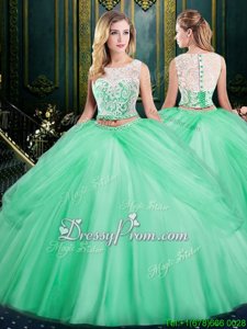 Sophisticated Apple Green Lace Up Scoop Lace and Pick Ups Quinceanera Dresses Satin and Tulle Sleeveless