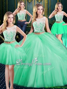 Scoop Sleeveless Lace Up Quinceanera Gown Apple Green Tulle
