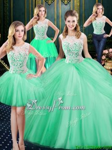 Super Scoop Sleeveless Tulle Ball Gown Prom Dress Lace and Pick Ups Lace Up