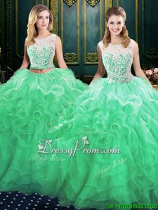 Chic Turquoise Organza Lace Up Scoop Sleeveless With Train Sweet 16 Dress Court Train Lace and Ruffles