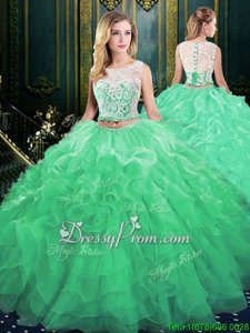 Ideal Turquoise Lace Up Quinceanera Gowns Lace and Ruffles Sleeveless With Train Court Train