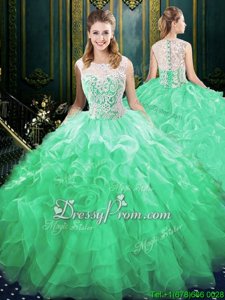 Delicate With Train Lace Up Quinceanera Dress Turquoise and In forMilitary Ball and Sweet 16 and Quinceanera withLace and Ruffles Court Train