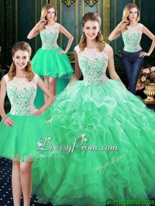 Captivating Turquoise Sleeveless Floor Length Lace and Ruffles Lace Up Quinceanera Dress