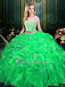 Colorful Sleeveless Organza Floor Length Lace Up Quinceanera Gown inSpring Green forSpring and Summer and Fall and Winter withLace and Ruffles