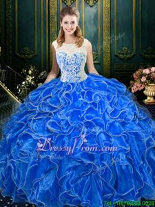 Stunning Royal Blue Ball Gowns Lace and Ruffles Vestidos de Quinceanera Lace Up Organza Sleeveless Floor Length