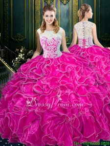 Sophisticated Fuchsia Ball Gowns Lace and Ruffles 15 Quinceanera Dress Lace Up Organza Sleeveless Floor Length