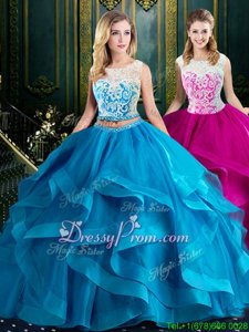 Amazing Baby Blue Sleeveless Tulle Brush Train Lace Up Sweet 16 Dresses forMilitary Ball and Sweet 16 and Quinceanera