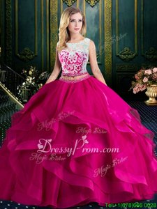 Smart Fuchsia Tulle Lace Up Sweet 16 Quinceanera Dress Sleeveless With Brush Train Lace and Ruffles