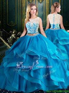 Exceptional Baby Blue Scoop Lace Up Lace and Ruffles Quinceanera Dresses Brush Train Sleeveless