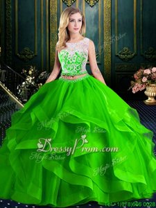 Extravagant Brush Train Ball Gowns Quinceanera Gowns Spring Green Scoop Tulle Sleeveless With Train Lace Up
