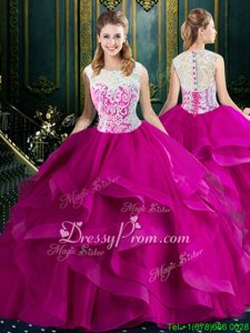 Nice Fuchsia 15th Birthday Dress Military Ball and Sweet 16 and Quinceanera and For withLace Square Sleeveless Brush Train Clasp Handle