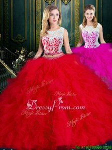 Great Sleeveless Tulle Floor Length Lace Up Ball Gown Prom Dress inRed forSpring and Summer and Fall and Winter withLace and Ruffles