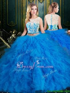 New Arrival Baby Blue Sleeveless Lace and Ruffles Floor Length Sweet 16 Quinceanera Dress
