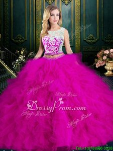 Fancy Floor Length Lace Up Quinceanera Dress Fuchsia and In forMilitary Ball and Sweet 16 and Quinceanera withLace and Ruffles