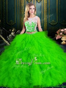 High Quality Spring Green Scoop Neckline Lace and Ruffles Quinceanera Gowns Sleeveless Lace Up