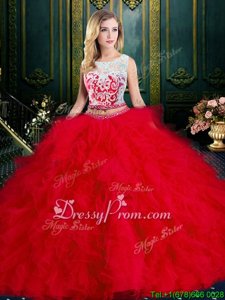 New Style Red Scoop Lace Up Lace and Ruffles Quinceanera Gowns Sleeveless