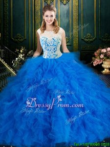 Popular Baby Blue Tulle Lace Up 15th Birthday Dress Sleeveless Floor Length Lace and Ruffles