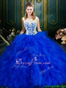 Hot Selling Floor Length Royal Blue Quinceanera Dress Tulle Sleeveless Spring and Summer and Fall and Winter Lace and Ruffles