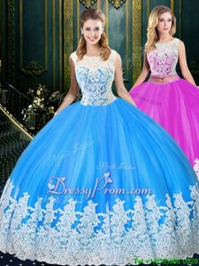 Modern Floor Length Light Blue Vestidos de Quinceanera Tulle Sleeveless Spring and Summer and Fall and Winter Lace and Appliques