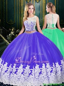 Elegant Purple Tulle Lace Up Scoop Sleeveless Floor Length 15 Quinceanera Dress Lace and Appliques