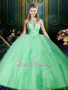 Fantastic Spring Green Halter Top Neckline Beading and Ruffles and Ruching Sweet 16 Dresses Sleeveless Lace Up