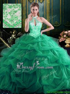 Attractive Halter Top Sleeveless Lace Up Quinceanera Dresses Green Organza