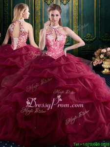 Custom Fit Sleeveless Floor Length Beading and Ruffles and Pick Ups Lace Up Quinceanera Dresses with Wine Red