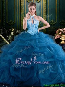 Customized Blue Organza Lace Up Halter Top Sleeveless Floor Length Sweet 16 Quinceanera Dress Beading and Pick Ups