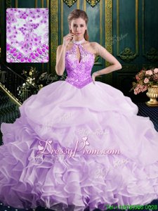 Super Organza Halter Top Sleeveless Lace Up Beading and Ruffles and Pick Ups Quince Ball Gowns inPink