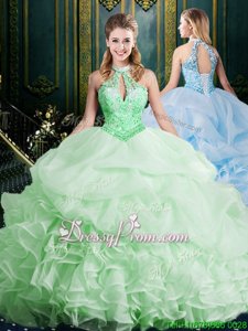 Enchanting Floor Length Spring Green Quinceanera Dresses Organza Sleeveless Spring and Summer and Fall and Winter Beading and Ruffles and Pick Ups