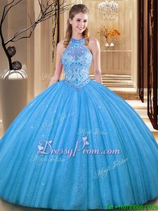 Designer Aqua Blue Ball Gowns Appliques Sweet 16 Quinceanera Dress Backless Tulle Sleeveless Floor Length
