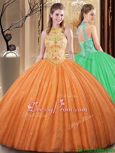 Nice Floor Length Ball Gowns Sleeveless Orange Quinceanera Gown Backless