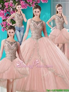 Traditional Two Pieces Quinceanera Gowns Peach Scoop Tulle Sleeveless Floor Length Clasp Handle