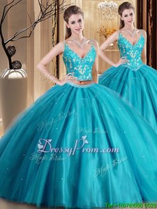 Best Beading and Appliques Ball Gown Prom Dress Turquoise Lace Up Sleeveless Floor Length