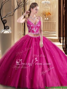 Trendy Hot Pink Sleeveless Tulle Lace Up Quinceanera Dresses forMilitary Ball and Sweet 16 and Quinceanera
