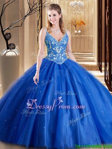Spaghetti Straps Sleeveless Lace Up Quinceanera Gown Blue Tulle
