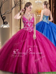Super Spaghetti Straps Sleeveless Tulle Ball Gown Prom Dress Beading and Appliques Lace Up