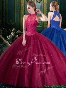 Sweet Floor Length Lace Up Ball Gown Prom Dress Burgundy and In forMilitary Ball and Sweet 16 and Quinceanera withAppliques