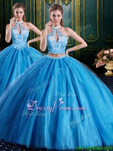 Baby Blue Two Pieces High-neck Sleeveless Tulle Floor Length Lace Up Beading and Appliques Quinceanera Gowns