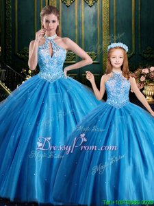 Glamorous Baby Blue Column/Sheath Beading and Appliques Quinceanera Gowns Lace Up Tulle Sleeveless Floor Length