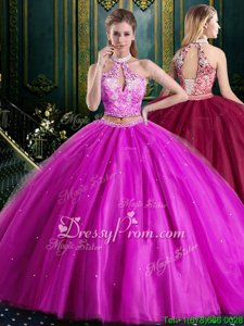 High-neck Sleeveless Lace Up Ball Gown Prom Dress Fuchsia Tulle