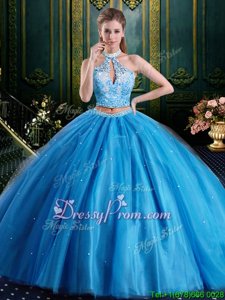 Baby Blue Sleeveless Beading Floor Length Quinceanera Gown