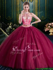 Extravagant Burgundy Two Pieces High-neck Sleeveless Tulle Floor Length Lace Up Beading Quinceanera Dress
