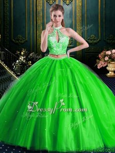 Inexpensive Spring Green Quinceanera Dress Military Ball and Sweet 16 and Quinceanera and For withBeading High-neck Sleeveless Lace Up