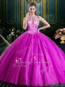 Unique Tulle High-neck Sleeveless Lace Up Beading Quinceanera Gowns inFuchsia