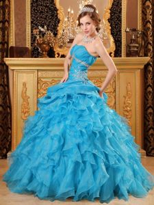 Lovely Blue Strapless Ruffled Dresses for 15 Beading Lace up Back