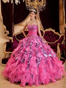 Sweetheart Beaded Sweet 15 Dresses Ruffled Layers Leopard Decorated